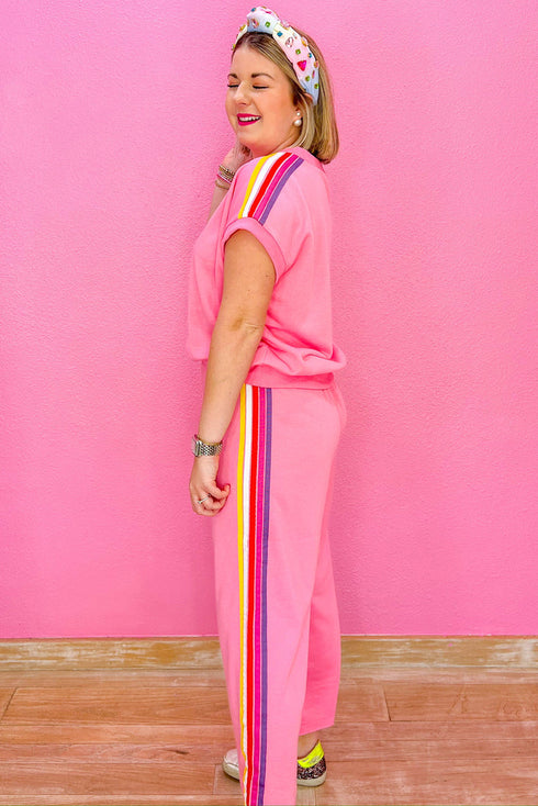 Urban Ease Contrast Trim Crewneck T Shirt And Wide Leg Pants Set